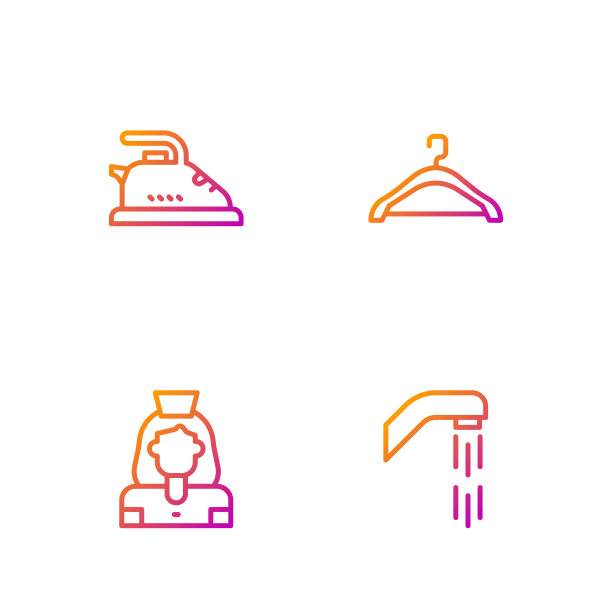 设置淋浴喷头，清洁女工服务，电熨斗和衣架衣柜。渐变颜色图标。向量图片下载