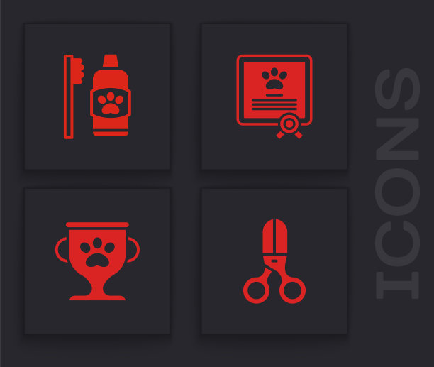 设置剪子理发，牙科卫生的宠物，证书狗猫和宠物奖励图标。向量图片下载
