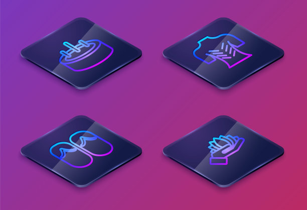 设有梯、人字拖、按摩、荷花等等距线泳池。蓝色方块按钮。向量图片下载