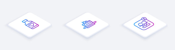 设置等距线维生素丸，蛋糕和移动与心率。白色正方形按钮。向量图片下载