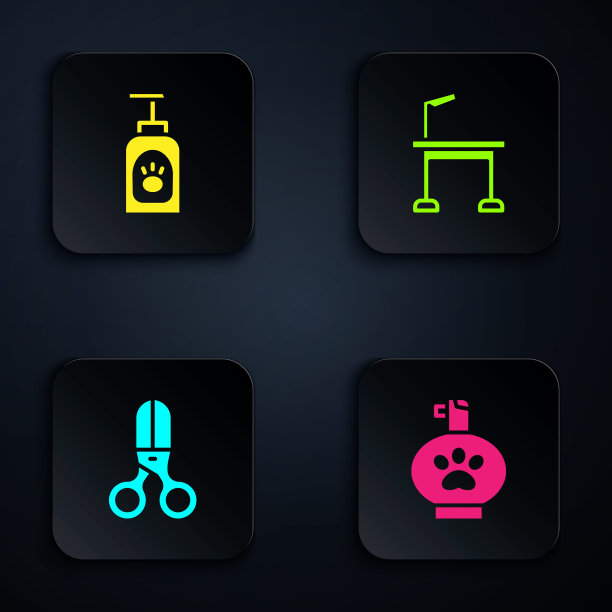 宠物洗发水，剪子，美发师和梳妆台。黑色方形按钮。向量图片下载