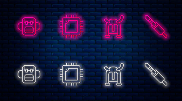 设置线处理器与CPU，海盗在角头盔，学校背包和音频插孔。砖墙上发光的霓虹灯图标。向量图片下载