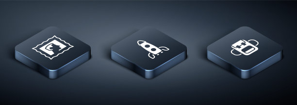 设置等距邮票，学校背包和火箭船图标。向量图片下载