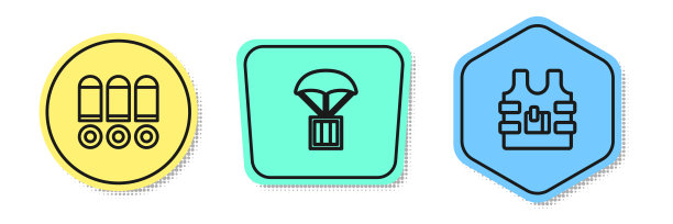 设置线子弹，空投箱和防弹背心。颜色的形状。向量图片下载