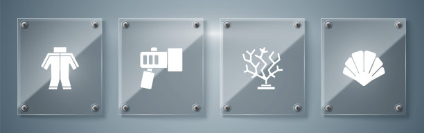 设置扇贝贝壳，珊瑚，手电筒和潜水服。方形玻璃面板。向量图片下载