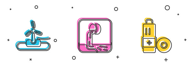 设置风力发电机，废水和电池图标。向量图片下载