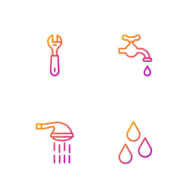 设置水管、淋浴器、扳手、水龙头。渐变颜色图标。向量图片下载