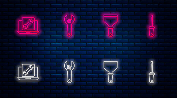 固定线活动扳手，油灰刀，笔记本电脑服务和螺丝刀。砖墙上发光的霓虹灯图标。向量图片下载