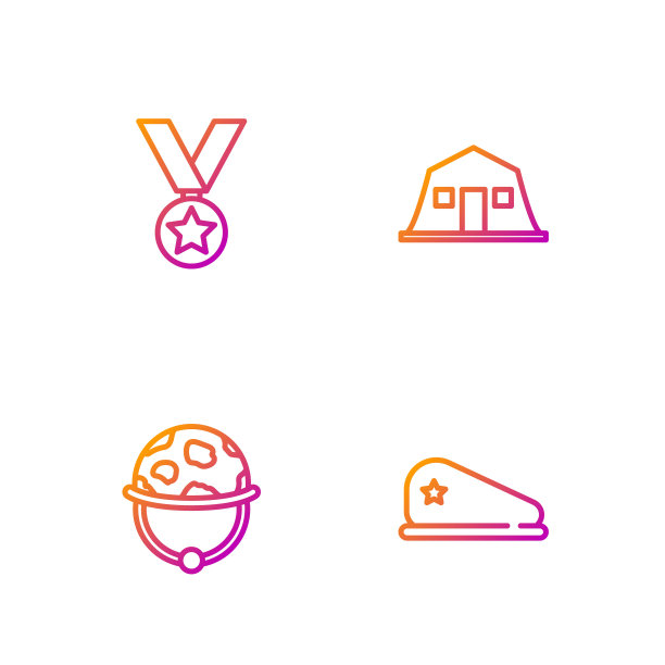 设置军事贝雷帽，头盔，奖励奖章和兵营。渐变颜色图标。向量图片下载