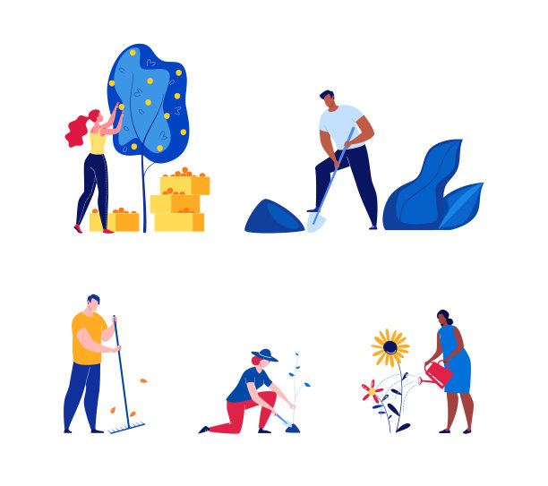 从事公园、园林、景观设计、植树、美化等工作。矢量插图在平面卡通风格。图片下载