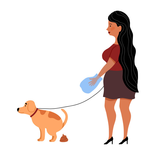 女人清理狗屎。交塑料袋。牵着宠物的女孩。狗狗便便。平面设计孤立在背景上的公园标志，图标，旗帜。矢量插图。平的卡通风格图片下载