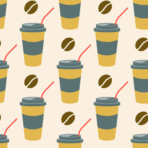 咖啡在一个塑料杯，一个吸管和咖啡豆在一个较轻的背景。矢量无缝模式在平面风格图片下载