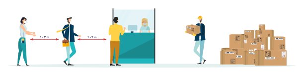 安全的交付。一名戴着医用口罩的快递员在隔离期间递送包裹。在邮局投递包裹。安全交付理念与社会距离。矢量图图片下载