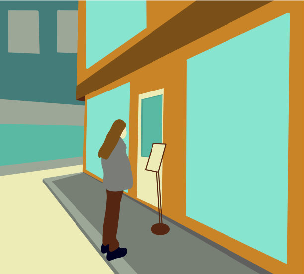 戴着口罩的女顾客选择在餐厅前从菜单上点菜。新标准的概念。公共场所的自助餐厅顾客。冠状病毒的社会距离。图片下载