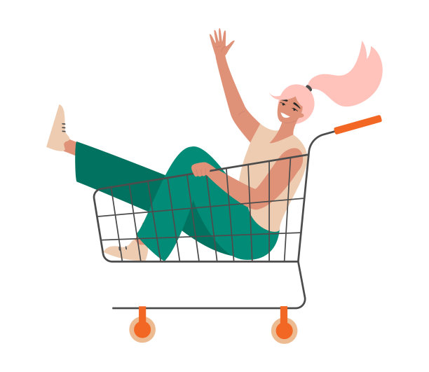 快乐的年轻女子坐在超市的购物车里。漂亮疯狂的潮妹在店里微笑。购物狂，客户，销售理念。图片下载