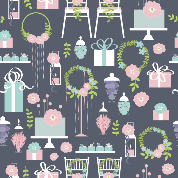 婚礼无缝图案椅子蛋糕花图片下载