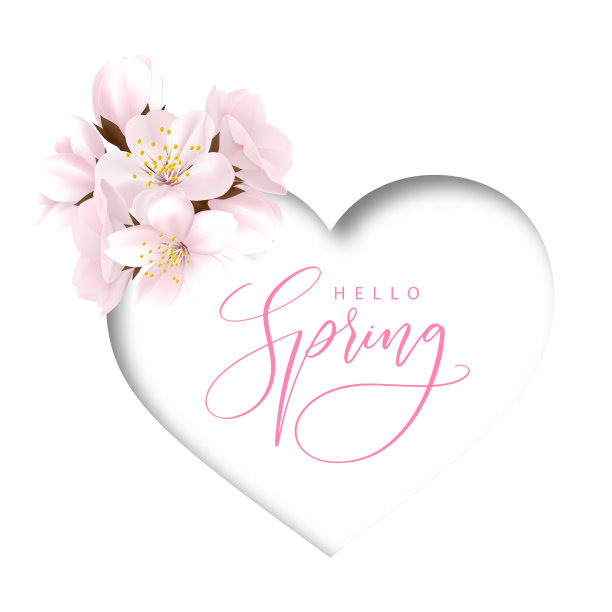 花背景和你好春天字母。樱花模板。心形的樱花装饰。图片下载