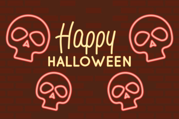 用骷髅头装饰的霓虹灯写着万圣节快乐图片下载