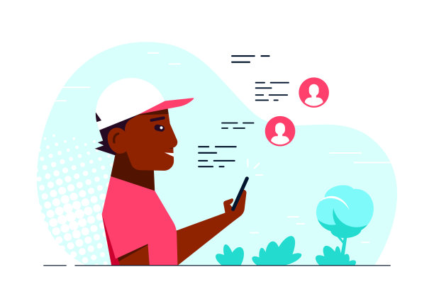 年轻人在智能手机上发短信，平面风格矢量图片下载