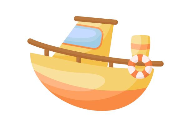可爱的黄橙色的船在白色的背景。卡通运输的孩子卡片，婴儿送礼会，生日邀请，房子内部。鲜艳的颜色，幼稚的矢量插图在卡通风格。图片下载