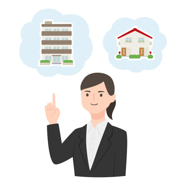 一个穿西装的女职员。一个年轻女人解释房子和公寓的插图。图片下载