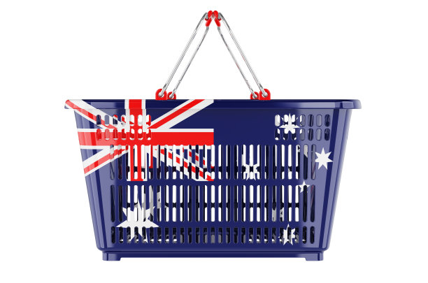 带有澳大利亚国旗、市场篮子或购买力概念的购物篮。3D渲染孤立的白色背景图片下载