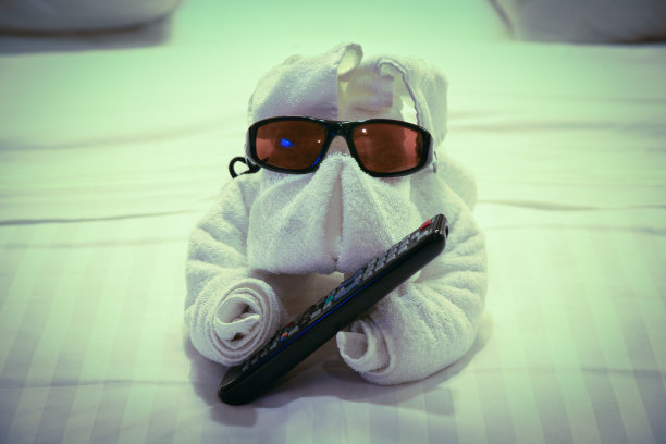 折叠成猪形状的毛巾放在床上图片下载