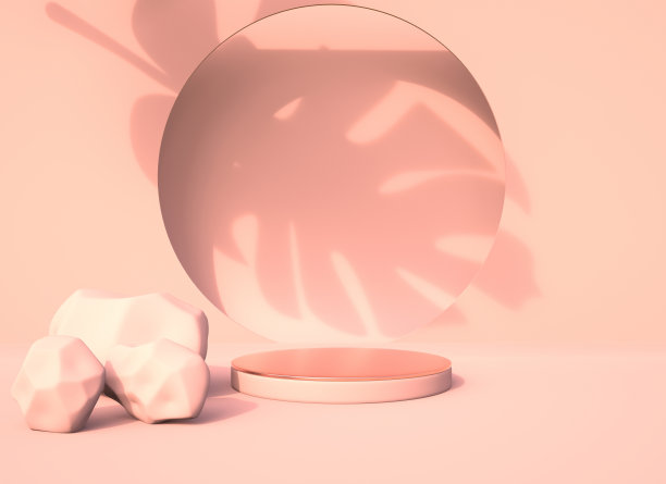 有树叶和石头阴影的讲台。产品介绍背景。3d渲染-插图。素材图片