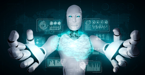AI仿人机器人手持虚拟全息屏幕，展示大数据概念图片下载