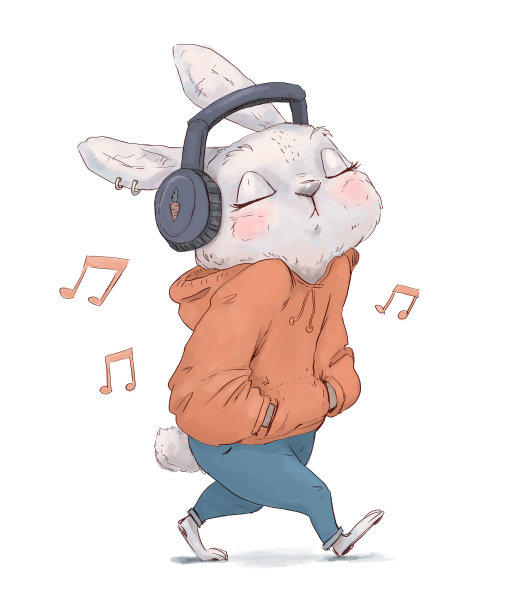 可爱的卡通兔子边走边听音乐图片下载
