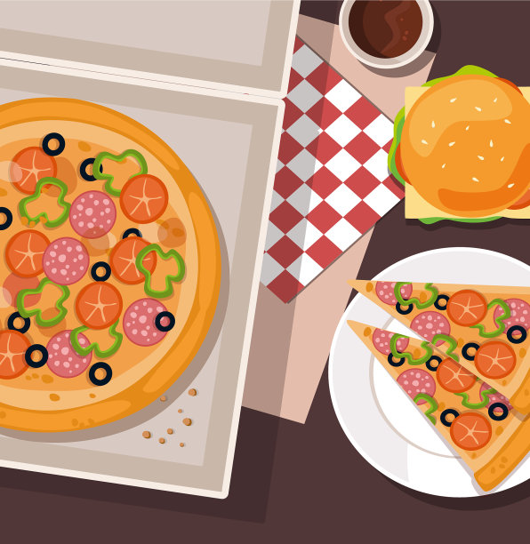 卡通披萨和汉堡在桌上快餐图片下载