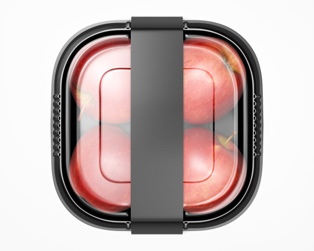 苹果在一个塑料容器与黑色长纸标签模型图片下载