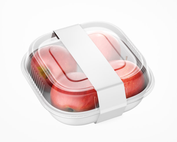 苹果在一个塑料容器与白色长纸标签模型图片下载