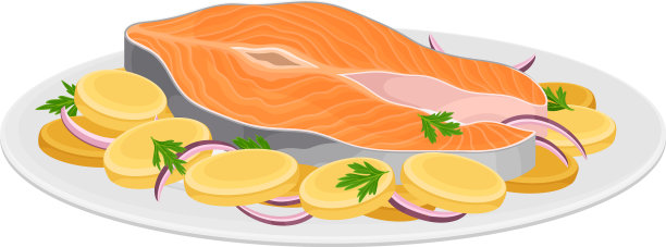 三文鱼排配蔬菜，盛在盘子里图片下载