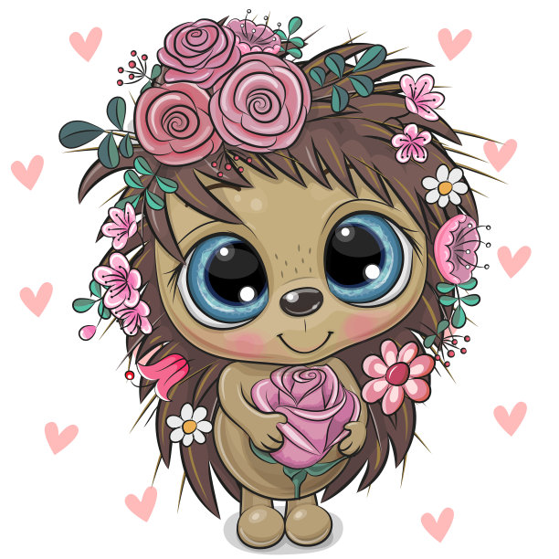 卡通刺猬与花在一个白色图片下载