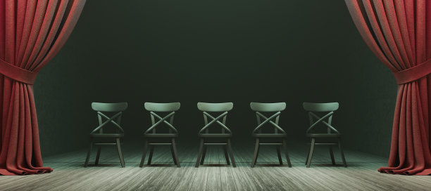 木制舞台与椅子和开放的红色天鹅绒窗帘3d渲染图片下载