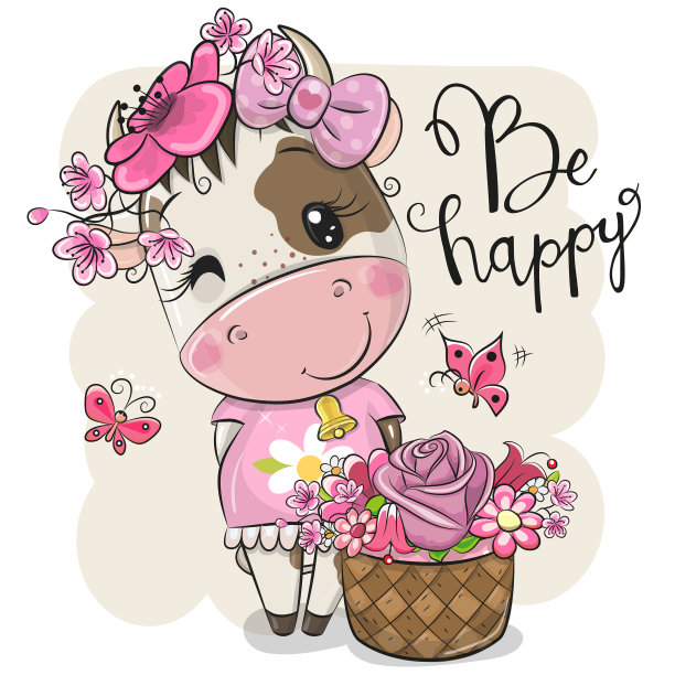 白色背景上有花的卡通牛图片下载