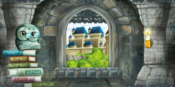 中世纪城堡内部的卡通场景与其他城堡插图的窗口视图图片下载