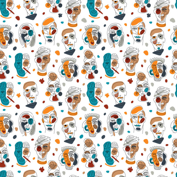 现代抽象的脸。当代女性男性剪影。手绘大纲时尚插图。连续的线条，简约的概念。白色上的无缝图案。图片下载