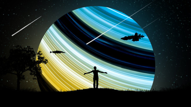 一个人在夜晚的户外，双手分开，高举到空中，背景是星空中的宇宙飞船和一个美丽的发光的霓虹行星。图片下载