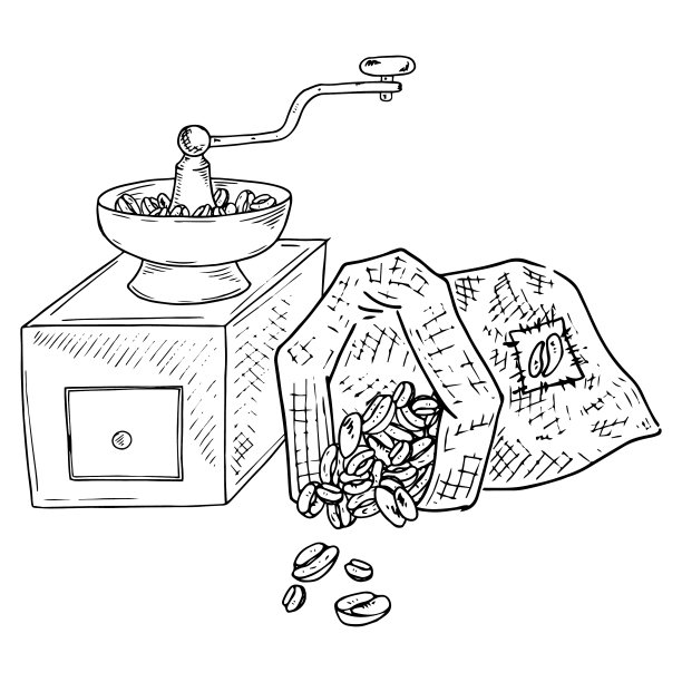 咖啡研磨机带有袋装咖啡豆的图标图片下载
