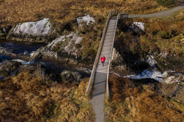 一名退休男子站在人行桥上的无人机照片图片下载