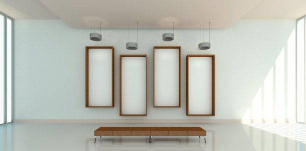 一个皮革长凳的3d插图，在一个现代画廊的模型前迷失方向的木制垂直矩形框架。图片下载