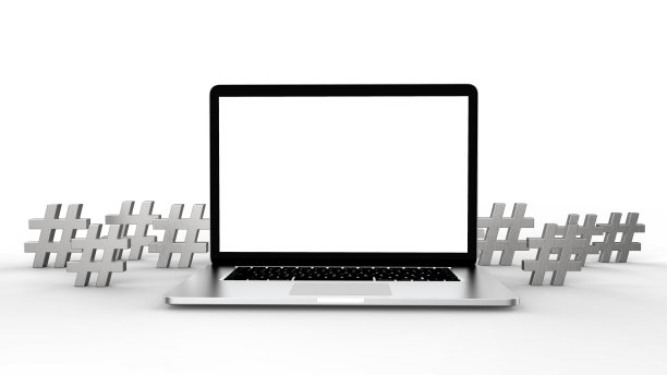 现代笔记本电脑和标签图标孤立在白色背景。3 d演示。图片下载