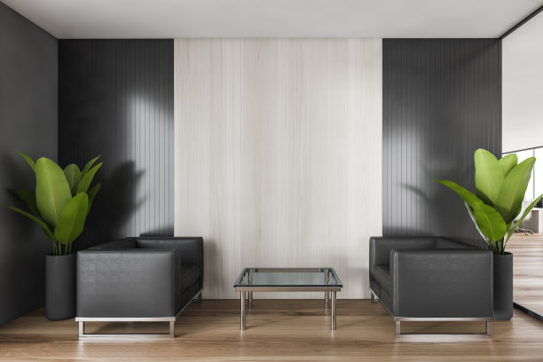 办公室等候室有两把黑色扶手椅，咖啡桌和植物图片下载