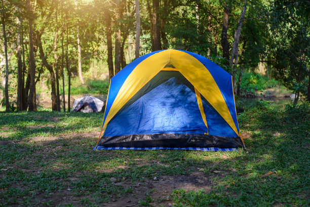 露营帐篷在森林，旅游，休闲在大自然图片下载