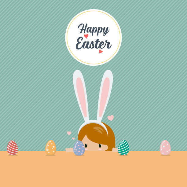 可爱的小女孩戴着兔子耳朵在复活节玩寻蛋游戏图片下载