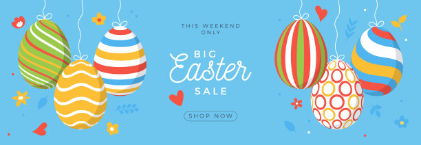 复活节彩蛋销售横横幅。复活节卡片用扁平的鸡蛋挂在一根线上，彩色华丽的鸡蛋在蓝色的现代背景上。矢量插图。放置文本的地方图片下载
