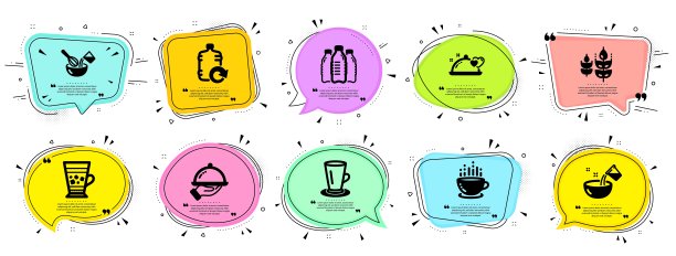 食物和饮料图标设置。包括图标作为冰沙，水瓶，补充水的标志。向量图片下载