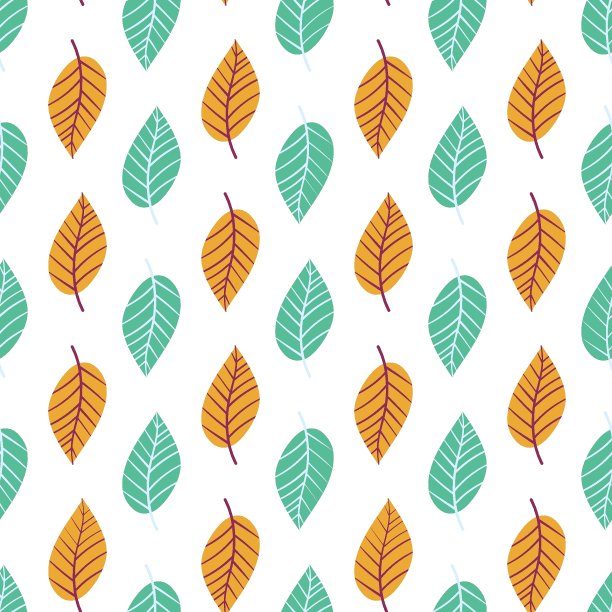绿色和橙色的叶子在白色无缝模式向量上图片下载